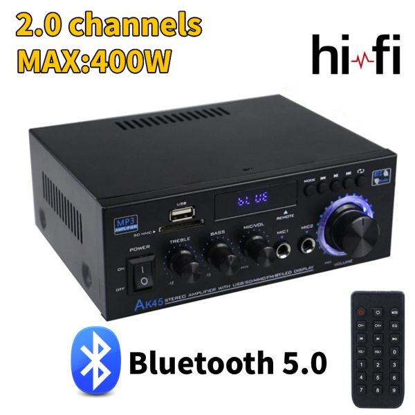 Amplificador AK45 HIFI Digital Amplificador Receptor 40WX2 Bluetooth 5.0 MP3 Canal 2.0 Sound Amp Soporte 90V240V para automóvil Home MAX 400W*2