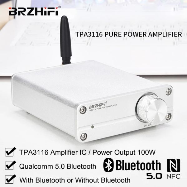 Amplificateur Brzhifi Audio TPA3116 2.0 Classe D Mini Amplificateur de puissance numérique Bluetooth 5.0 Power 50W * 2 AMP pour les haut-parleurs passifs