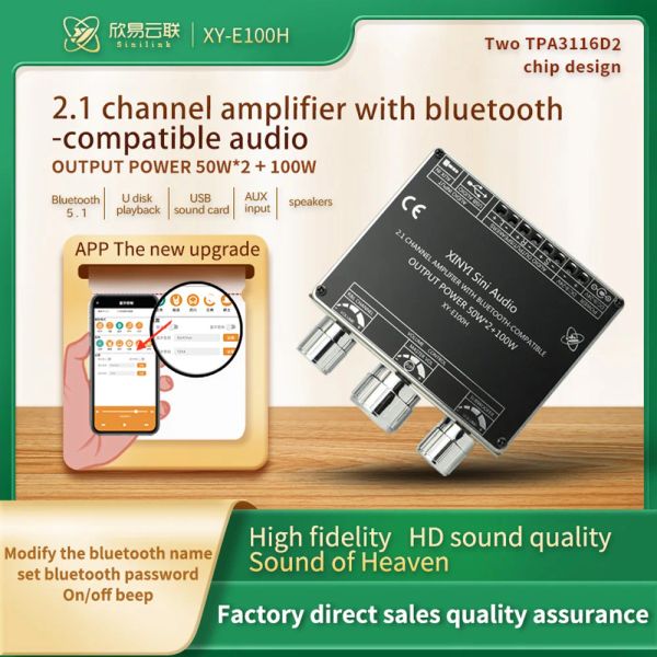 Amplificador E100H 2.1 canal Bluetooth Audio Amplificador Módulo de placa de amplificador Subwoofer de tono alto y bajo TPA3116
