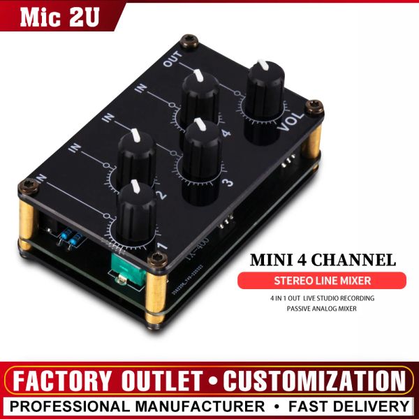 Amplificateur Mini 4 canaux mélangeur de ligne stéréo 4in1out pour l'enregistrement en direct de la console de mixage audio analogique passif Portable