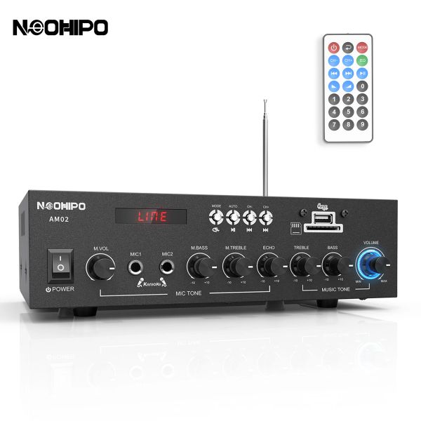 Amplificador Neohipo AM02 300W Bluetooth AV Potencia Amplificador 2 canales Audio Amplificadores de cine en casa DC 12V 110V/220V FM SD USB 2 MIC