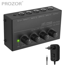 Amplificador Prozor MX400 Ultra Bass Noise 4 Channel Line Mono Audio Sound Connector 1/4 "TS con una batidora de la guitarra de micrófono