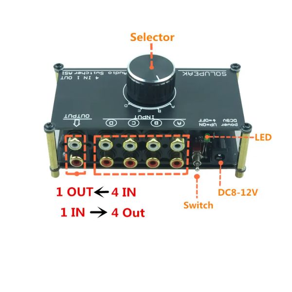 Amplificateur Solupeak AS1 Signal Signal Swither 4 Entrée 1 ou 1 ou 1 sur 4 OUT HIFI STREEO RCA SPLITTER SPLITTER SELECTER