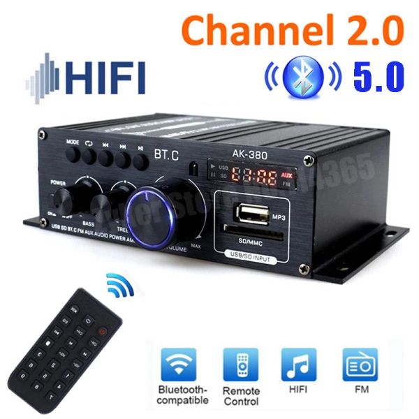 Amplificateur Sound Amplificateur Channel 2.0 HiFi Bluetooth Amp Home Digital Audio 12V 3A AK380 AK370 AS22 pour les amplificateurs BT Bass Bass Bass Bass