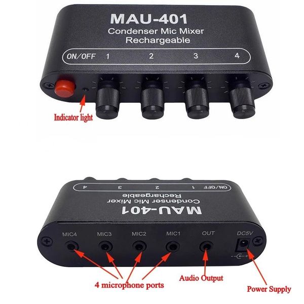 Amplificador de Audio estéreo, 1 salida, 4 entradas, micrófono condensador, mezclador, placa extensora de sonido, amplificador para auriculares DIY MAU401