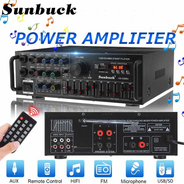 Amplificador Sunbuck 800W Bluetooth Estereo Amplificador SUBRETIVO SOUND CINE CINE KARAOKE CONTROL REMOTO USB SD AMP FM DVD AUX LCD Pantalla