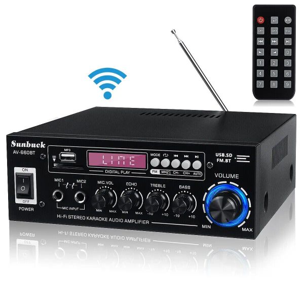 Amplificateur Sunbuck AV660BT Amplificateur 2.0 Channel BT5.0 Amplificateur de théâtre de voiture audio audio 110V / 220V Support Eq FM SD USB 2 micro AK370 12V ampli