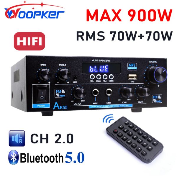 Amplificateur Woopker AK55 HIFI AUDIO AMPLIFICER MAX 900W AMP BLUETOOTH numérique RMS 70W + 70W Channel 2.0 prend en charge les entrées Dual Mic Radio FM