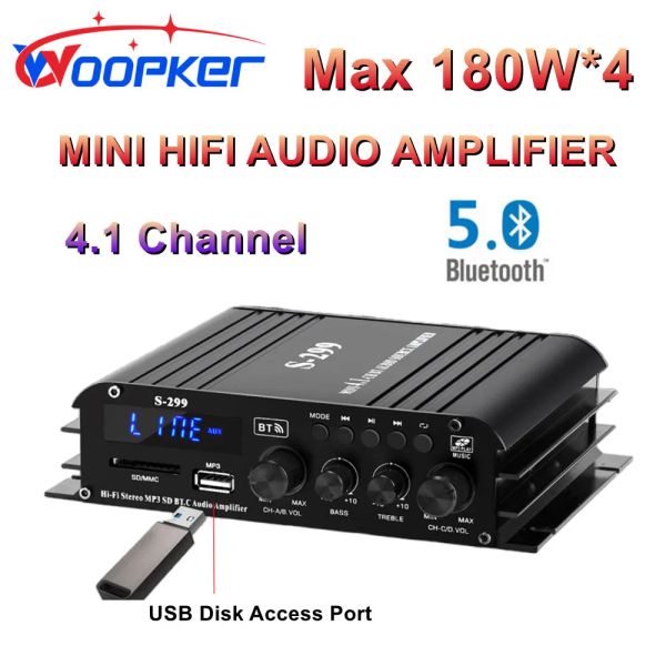 Amplificador Woopker S299 4.1 Audio Audio Digital Amplificador de potencia digital Bluetooth 5.0 Portable CAR y Home Dualuse 4*40W Remote Control Player