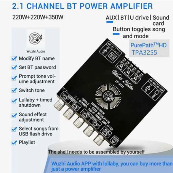 Amplificateur ZKAS21 Digital Bluetooth Audio Amplifier Board Subwoofer 220WX2 + 350W 2.1CHANNEL TPA3255 AUDIO MODULE ALPORT