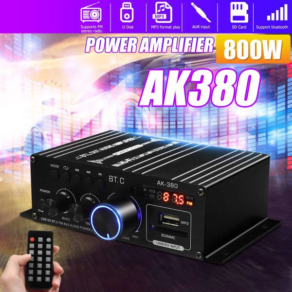 Amplificadores AK35 AK380 800W Home Digital Amplificador Audio 110240V Basco Audio Potencia Bluetooth Amplificador Hifi FM Auto Música Subwoofer Altavoces