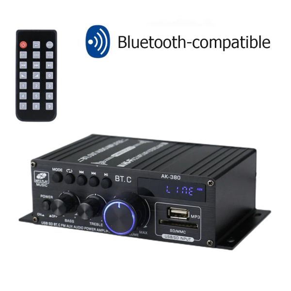 Amplificadores AK380 Bluetooth Compatible Amplificador de 2 canales Mini Audio Amplificador Hifi Bass 40W+40W Música USB Aux Karaoke para auto en casa