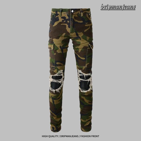 AMR jeans haut de gamme jeans hiphop jeans de forage style goutte à goutte jeans camouflage vert arméepantalon coupe slim jeans rap goutte à goutte pantalon tendance jeans skinny jeans y2k pantalones goutte à goutte