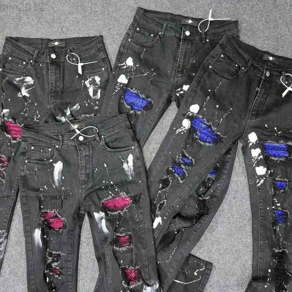 amr jeans Style Jeans met inleg Blue Diamond Red Diamond Holes Slim Fit Small Foot High Street Broek Veelzijdig