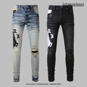 AMR Street Hip-Hop Drip Style Vintage watergewassen jeans voor heren, elastische slanke pasvorm, leren patch, borduurwerk, hoogwaardige lange broek