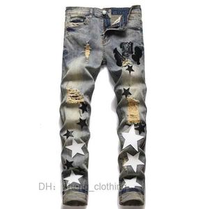 amri jeans Designer Heren Jeans High Street Hole Star Patch Dames Paneelbroek Stretch Slim-fit Broek Maat 29/30/31/32/33/34/36/38/40/42 4 KFEW