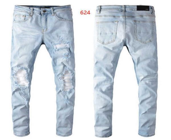 Amrii Ripped Designer Y2k Hommes Marque High Street Blue Hole Jeans Hommes Patch Slim Élastique Denim Pantalon Prix Skinny Taille Basse Scratch Mid3685017