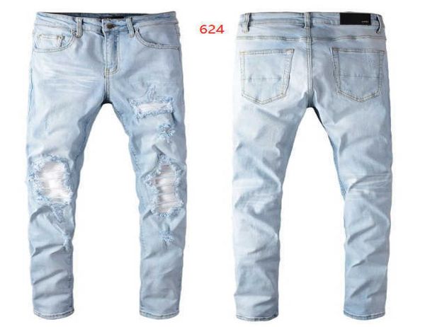 Amrii Ripped Designer Y2k Hommes Marque High Street Blue Hole Jeans Hommes Patch Slim Élastique Denim Pantalon Prix Skinny Taille Basse Scratch Mid6797116