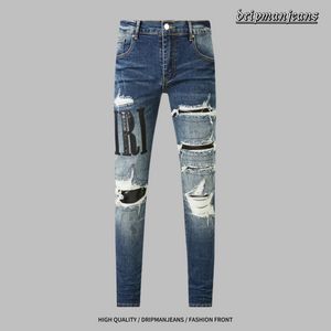 Amrir designer heren jeans paarse jeans jeans High Street Hole Star Patch Heren dames amirs ster borduurwerk denim jeans stretch slim fit broek echte jeans drip jeans