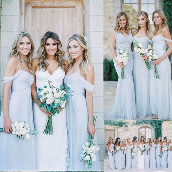 Amsale 2023 Gorgeous Draped Sky Blue Off-hombro Playa Boho Vestidos largos de dama de honor Fiesta de bodas bohemia Invitada Damas de honor Vestido barato