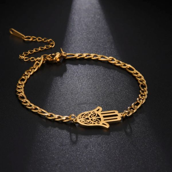 Bracelets amulette main de Fatima Hamsa pour femmes, couleur or, or jaune 14 carats, bijoux porte-bonheur islamique, cadeau 2024
