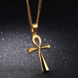 Amuleto colgante egipcio Ankh crucifijo collares colgantes oro amarillo de 14k símbolo de la vida collares cruzados joyería regalos cadenas