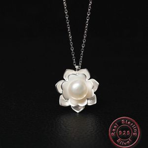 Amxiu mode blanc collier de perles d'eau douce 100% 925 en argent Sterling tour de cou fleur de Lotus pour femmes fille cadeau Chokers