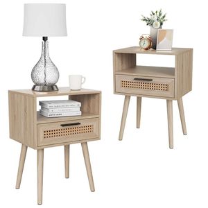 Amzyuga Vine Boheems met lades Open opbergruimte Modern nachtkastje Massief houten voeten Geschikt voor slaapkamer, slaapzaal, decoratieve tafel Natuurlijke kleur 2-delige set