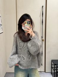 Anagrama-suéteres de mujer a la moda coreana, suéter de Mohair suave con manga acampanada y cuello redondo, Jersey largo de punto para mujer de otoño y primavera