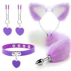 Juguetes sexuales anales Fox Tail Butt Plug Sexy Plush Cat Ear Diadema con campanas Collar Set Masaje Juguetes para mujeres Parejas Cosplay 240202