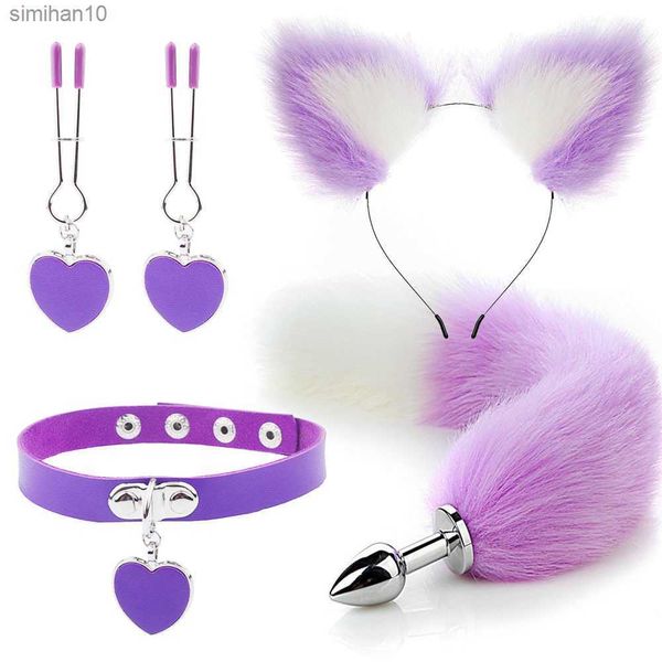 Anal Sex Toys Fox Tail Butt Plug Sexy En Peluche Chat Oreille Bandeau Avec Cloches Collier Ensemble Massage Sex toys Pour Femmes Couples Cosplay L230518