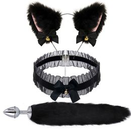 Anal Toys 3pcs Cos Plush Animal Ear Tail Suit Wolf Headband Accessories Cat Head Bell Collar Halloween Party 230307