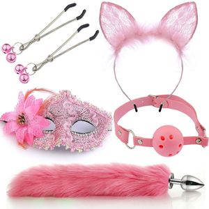 Juguetes anales Cute Tail Anal Plug Mask Cat Ears Headbands Set Juegos para adultos Nipple Clip Neck Collar Erotic Cosplay Juguetes sexuales para mujeres 230508