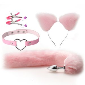 Anal Toys Cute Tail Plug Cat Ears Hoofdbanden Zet volwassen games tepel clip nek kraag erotische cosplay seks voor vrouwen 230307