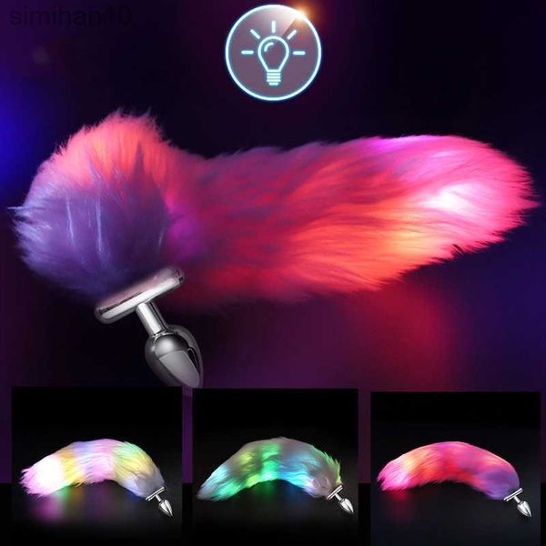 Jouets anal en métal en acier inoxydable en acier nouveau détachable LED Cosplay Luminous Fox Tail Anal Butt plug Toys for Woman Man Couple HKD230816