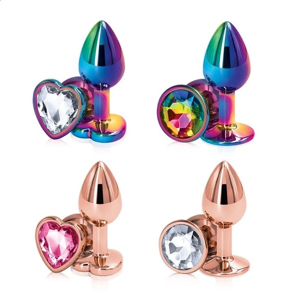 Juguetes anales Arco iris Rosa oro rosa Pequeño tamaño mediano Conjunto Forma de corazón Cristal Metal Cuentas anales Butt Plug Joyería Juguete sexual para mujer hombre 231116