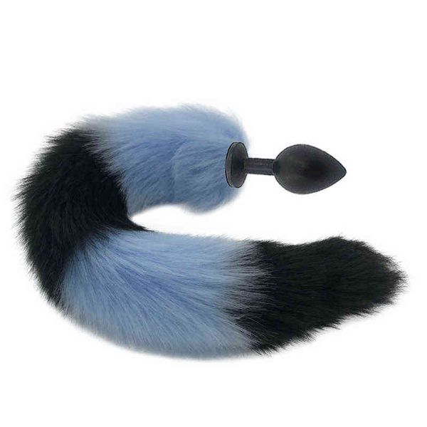 Juguetes anales S / M / L Juguete sexual Lobo azul y negro Pelo falso Metal Butt Plug Long Animal Fox Tail Productos de cosplay Tienda H8 184D 1125