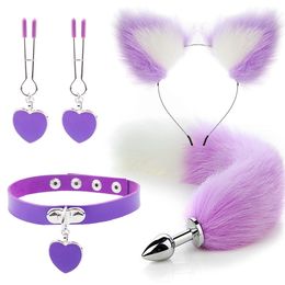 Juguetes anales Sex Tail Butt Plug y Plush Cat Ear Diadema con campanas Collar Set Masaje Juguetes para mujeres Parejas Cosplay 230307