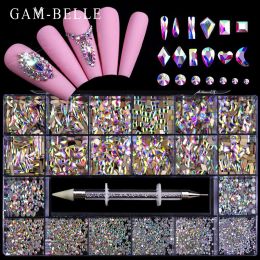 Analyseur Gambelle 20 Grille / boîte Crystal AB RHINATONE FLAT Nail Art Art Rigiane Gem Mélange Forme DIY Nail Art 3D Decoration Big Box