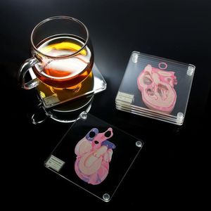 Dessous de verre en forme de cœur anatomique, tranche de cœur, anatomie, dessous de verre carré en acrylique, tapis de tasse de boisson, décoration de maison, bar, cuisine, cadeau de fête 2222a