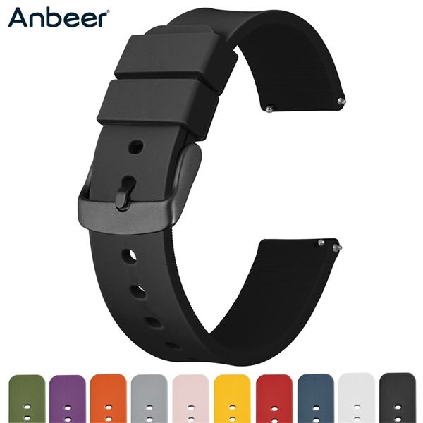 Correa de reloj de goma Anbeer, 14mm, 18mm, 20mm, 22mm, 24mm, pulsera de repuesto de liberación rápida para hombre, correa de reloj de silicona deportiva negra, bandas 220622