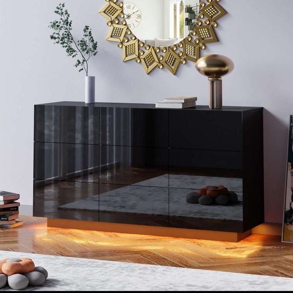 ANBUY LED 9 tiroir Double commode, double coffre de tiroirs de haut brillant moderne commode noire pour chambre à coucher avec léger (noir)