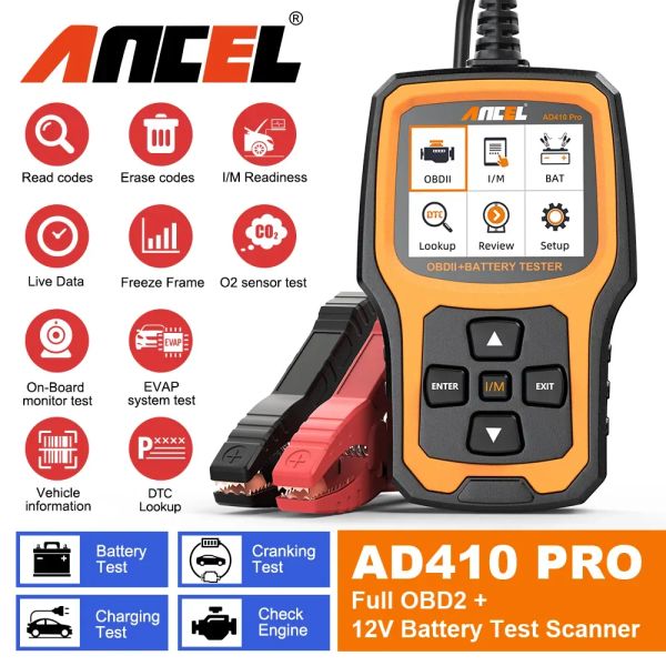 Ancel AD410Pro OBD2 Escáner 6V 12V Tester de batería automotriz ODB2 Código de código Lector Códigos de error Verifique la herramienta de diagnóstico de automóvil del motor del motor