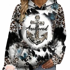 Anchor Leopard Print Kangaroo Pocket Sweat à capuche Casual Lg Sweat à capuche Sweat-shirt Vêtements pour femmes Plus Taille Pull à capuche Q7yC #