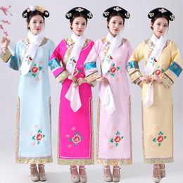 Oude China Qing Dynastie Ethnic Clothing Girl Manchu Princess Royal Cheongsam Empress Robe met hoed Oriental Gege Gown Cosplay Women