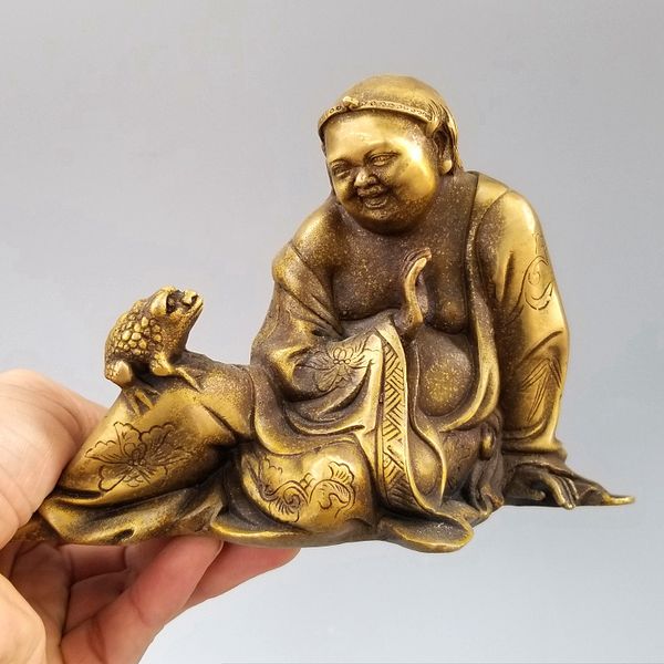 Escultura de bronce puro chino antiguo, artículos de bronce de rana dorada, colección budista Maitreya, envío gratis