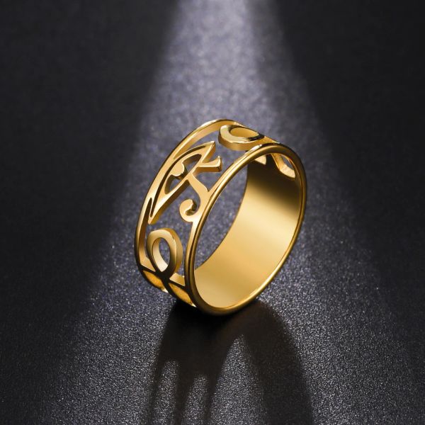 Anillo de Ojo de Horus del antiguo Egipto, anillos de dedo huecos de oro amarillo de 14k para mujer, amuleto de la suerte de protección, joyería