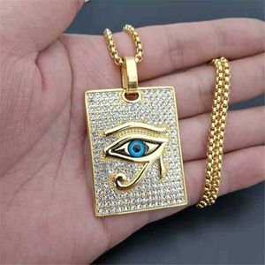 Oude Egypte het oog van Horus Hanger Kettingen Gouden Kleur Stainlesteel Vierkante Kettingen Iced Out Bling Sieraden Dropshipping X0707