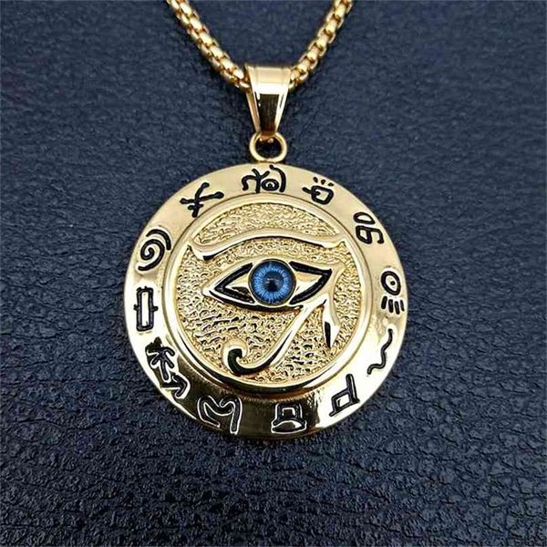 Collares con colgante del Ojo de Horus del Antiguo Egipto para mujeres y hombres, joyería redonda de acero inoxidable de Color dorado, gota 210721