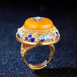 Ancien artisanat en or naturel calcédoine jaune lotus émail porcelaine anneaux pour femmes palais style luxe dîner bijoux L230704